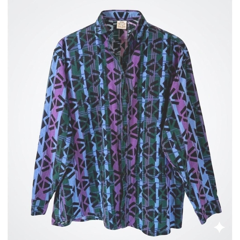 Vintage Abstract Tribal Print Teal Purple Retro Festival Streetwear Shirt Men XL